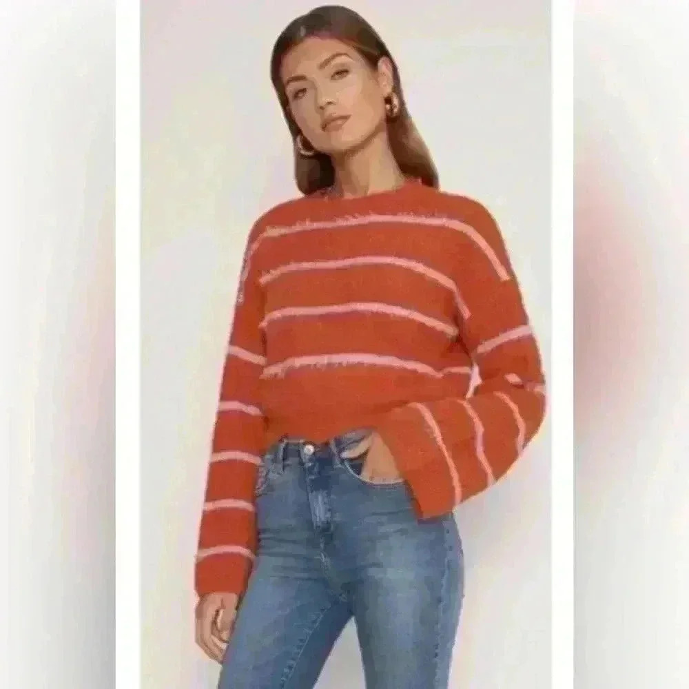 Eyelash Knit Striped Sweater Bell Sleeve Scalloped‎ Orange Fall Fisherman